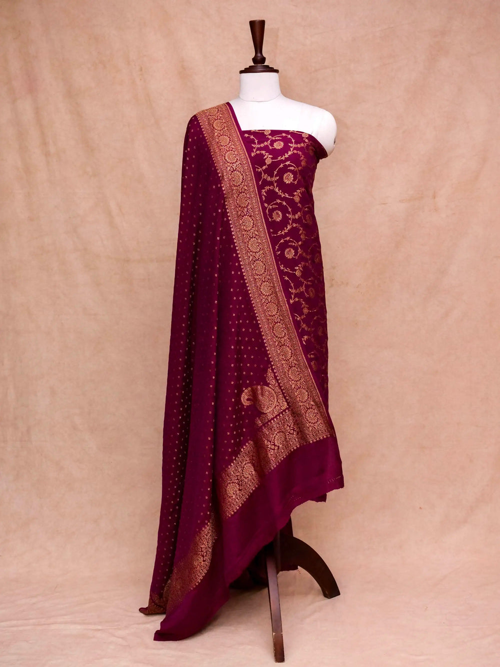 Handwoven Banarasi Wine Khaddi Georgette Suit