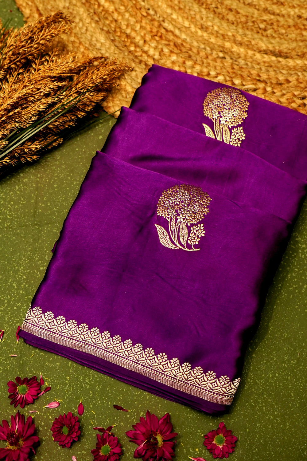 Handwoven Purple Banarasi Mashru SilkSaree