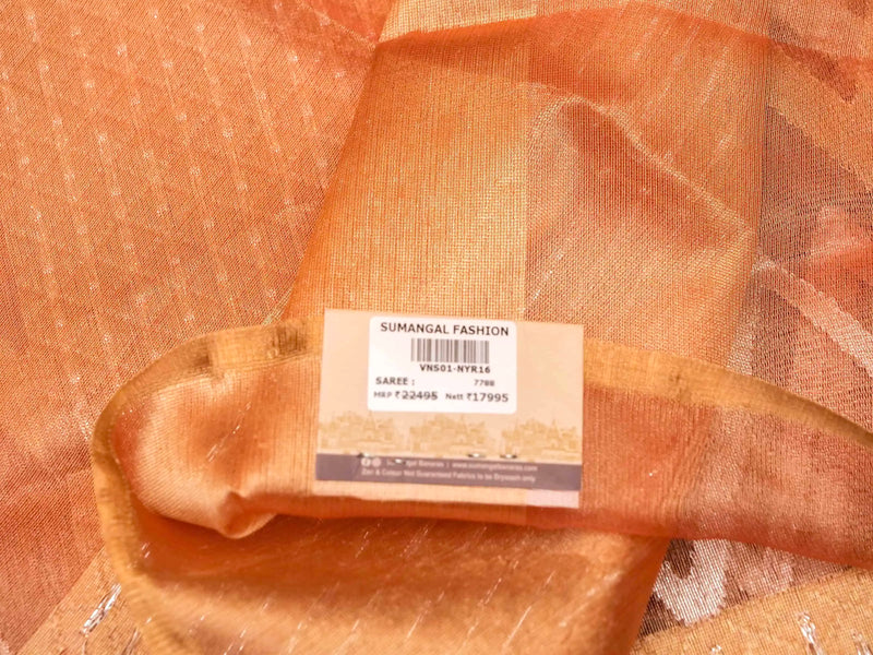 Handwoven Glittery Peach Kora Organza Silk Saree