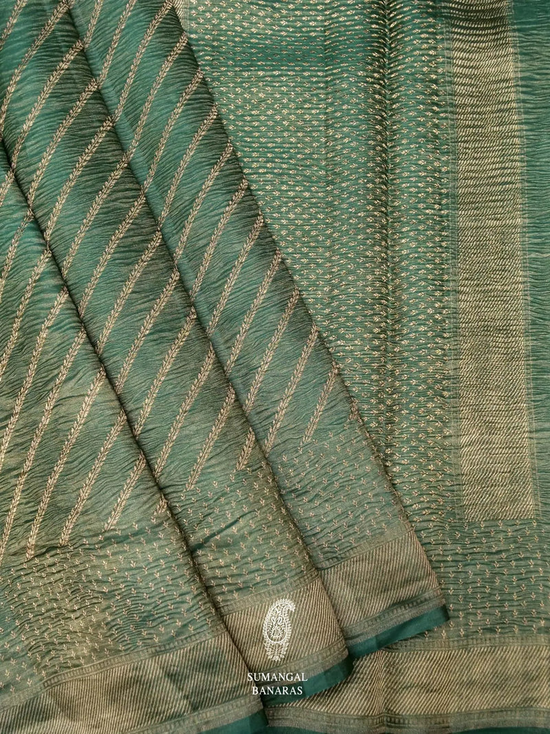 Handwoven Bottle Green Banarasi Crush Tissue Silk Saree