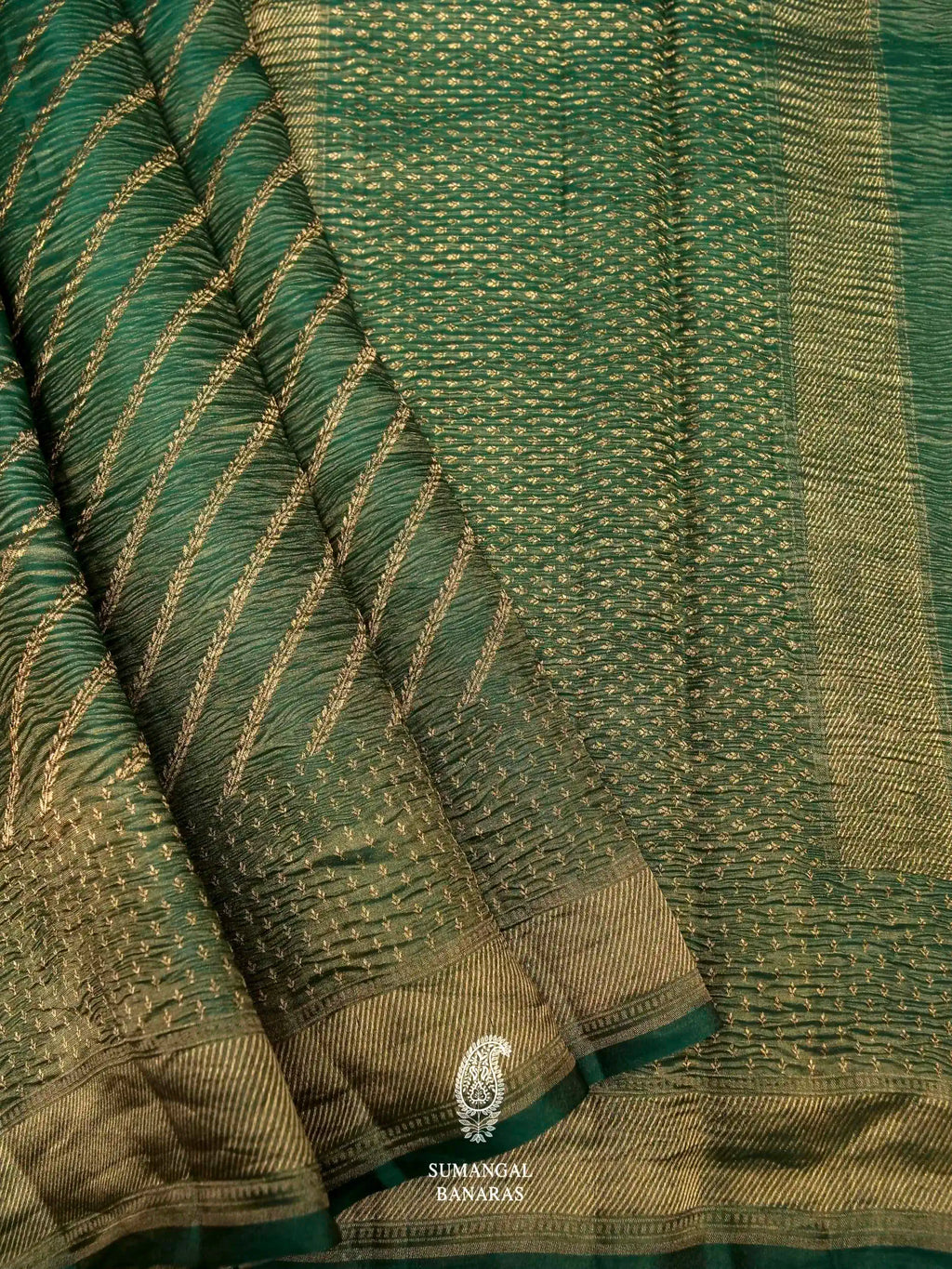 Handwoven Green Banarasi Crush Tissue Silk Saree