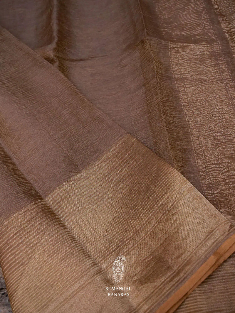 Handwoven Brown Banarasi  Crush Tissue Silk Saree