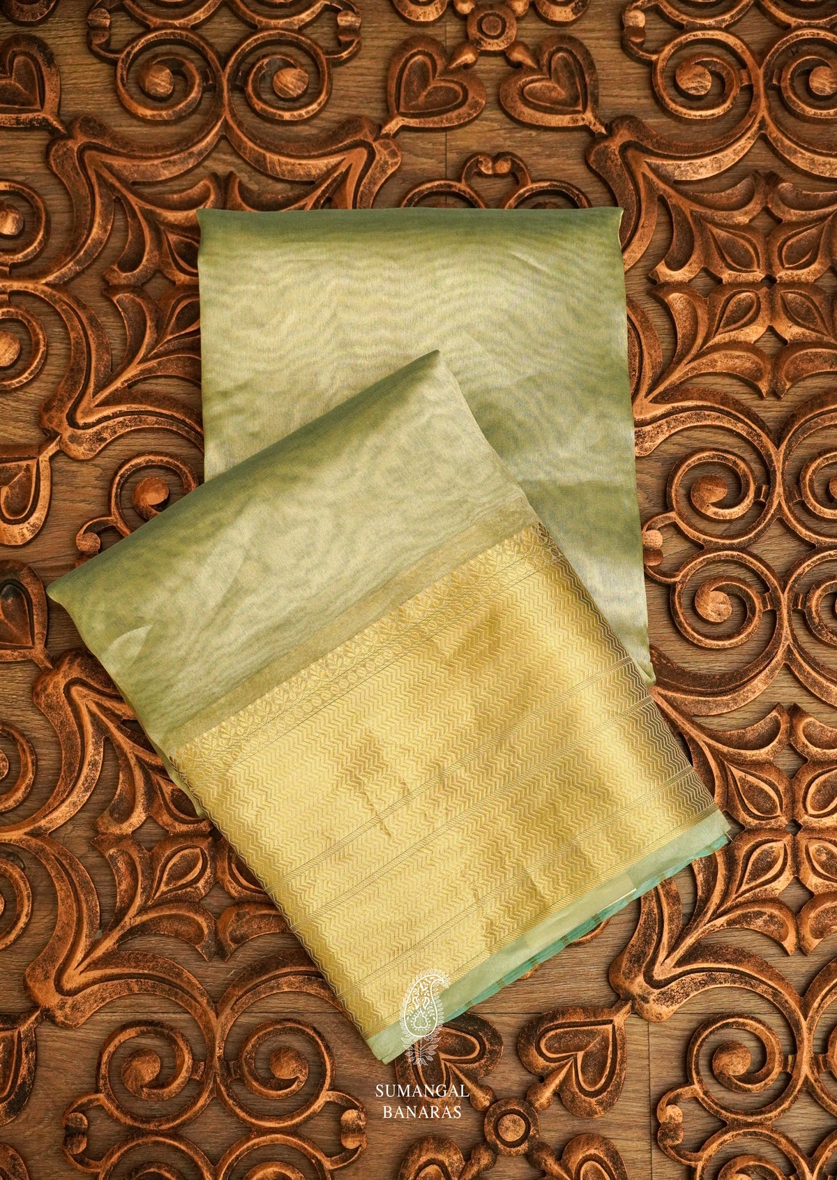 Handwoven Banarsi Mint Hint Kora Silk Saree