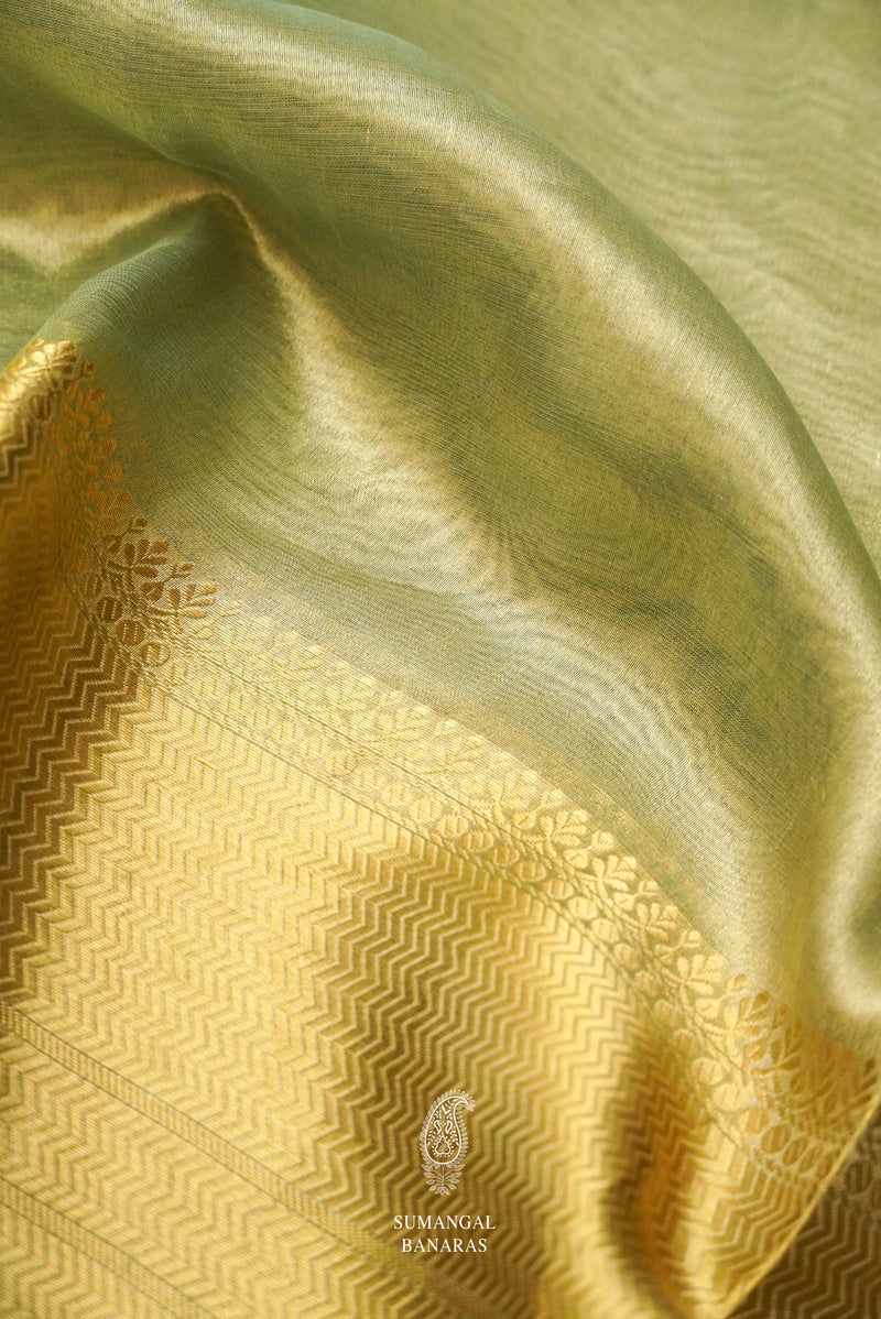 Handwoven Banarsi Mint Hint Kora Silk Saree