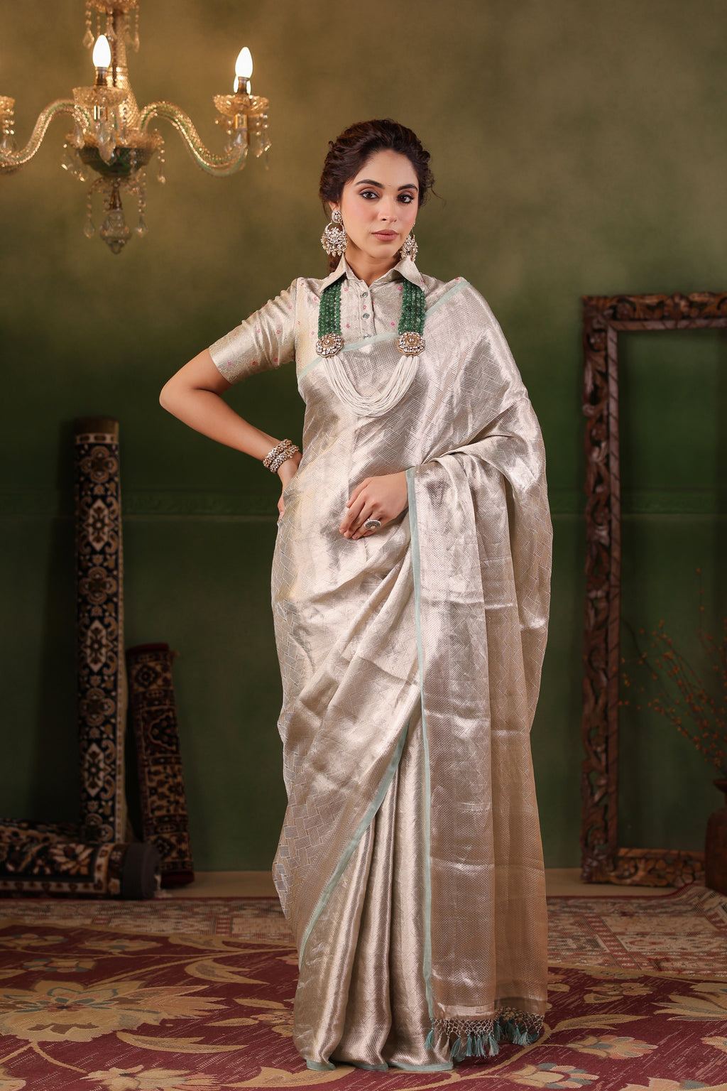 Handwoven Silver Banarasi Tissue Silk Saree