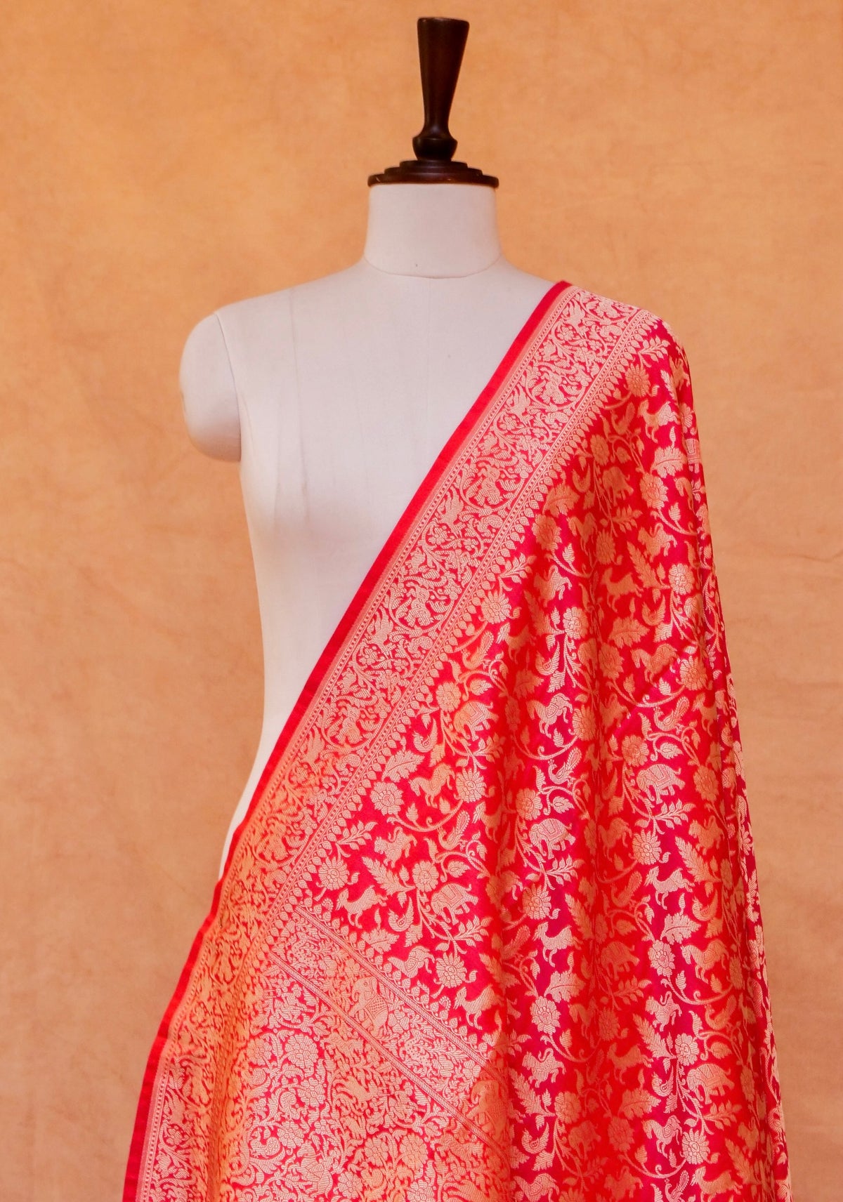 Handwoven Red Banarasi Shikargah Katan Silk Dupatta