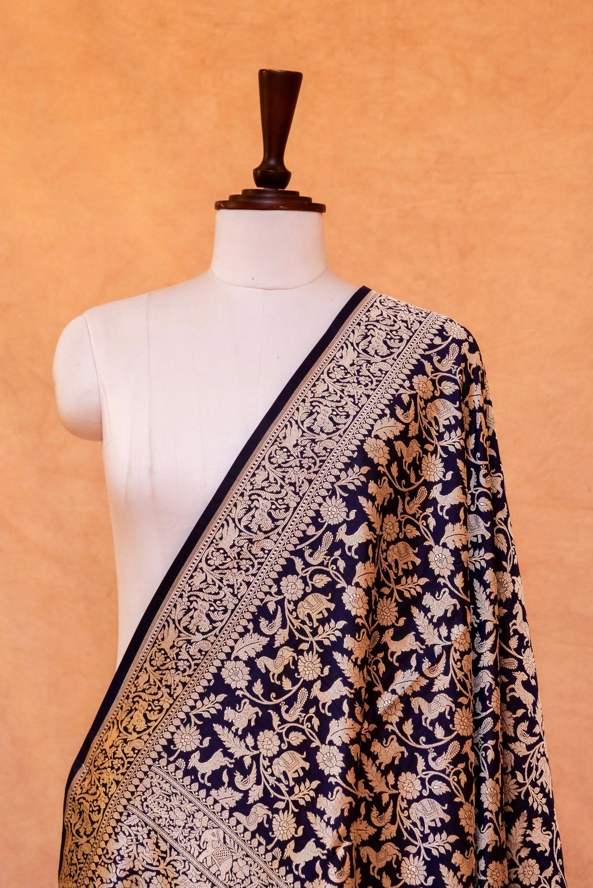 Handwoven Black Banarasi Shikargah Katan Silk Dupatta