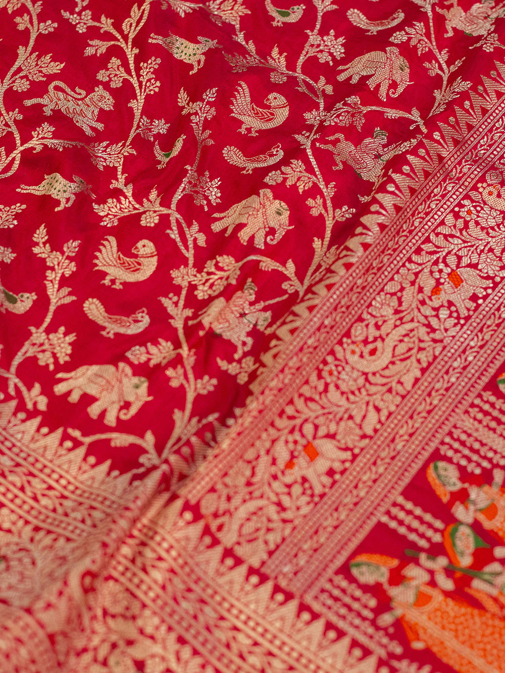 Handwoven Red Meenakari Shikargah Banarasi Katan Silk Dupatta