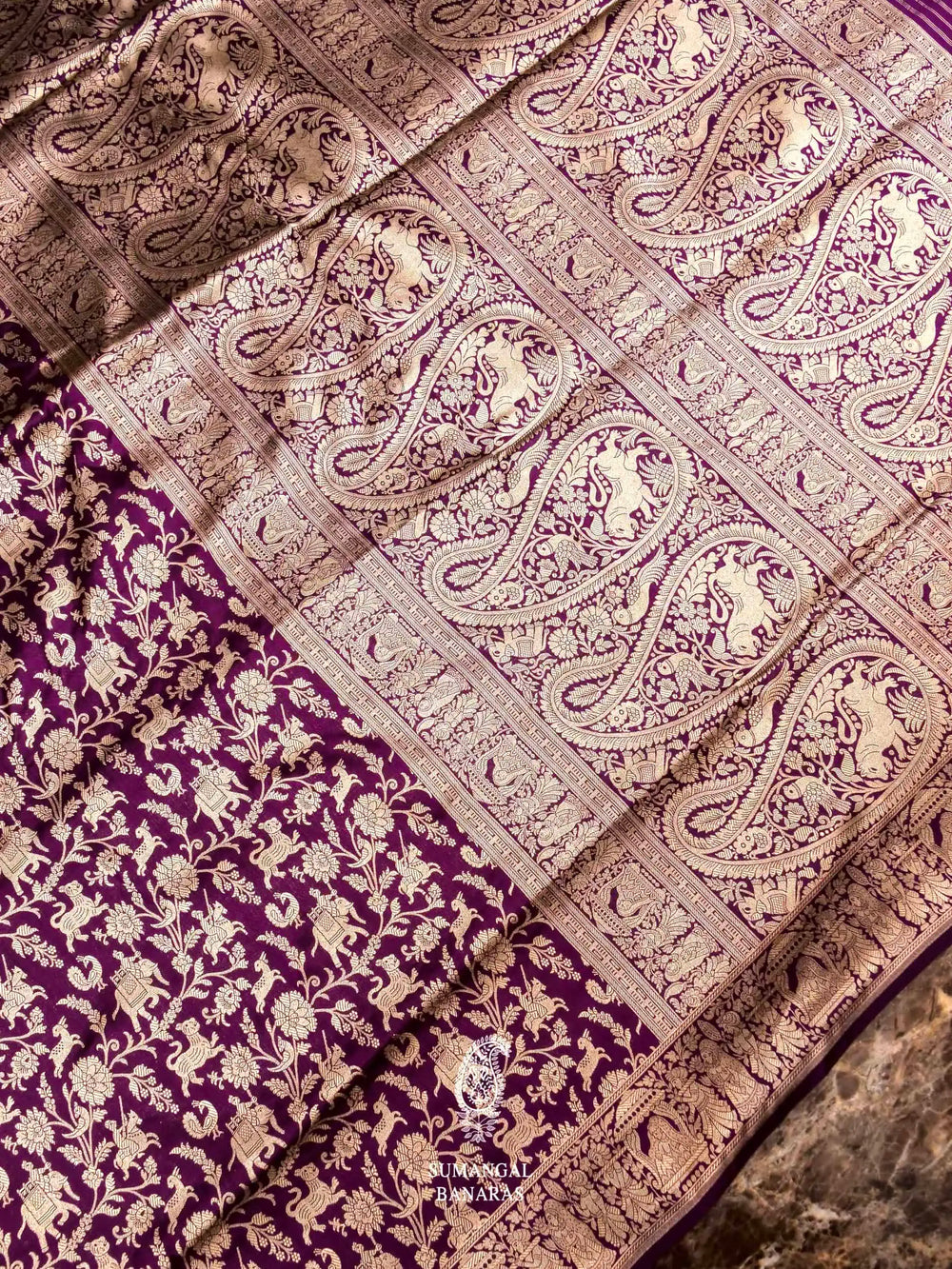 Handwoven Deep Violet  Banarasi Shikargaah Katan Silk Saree