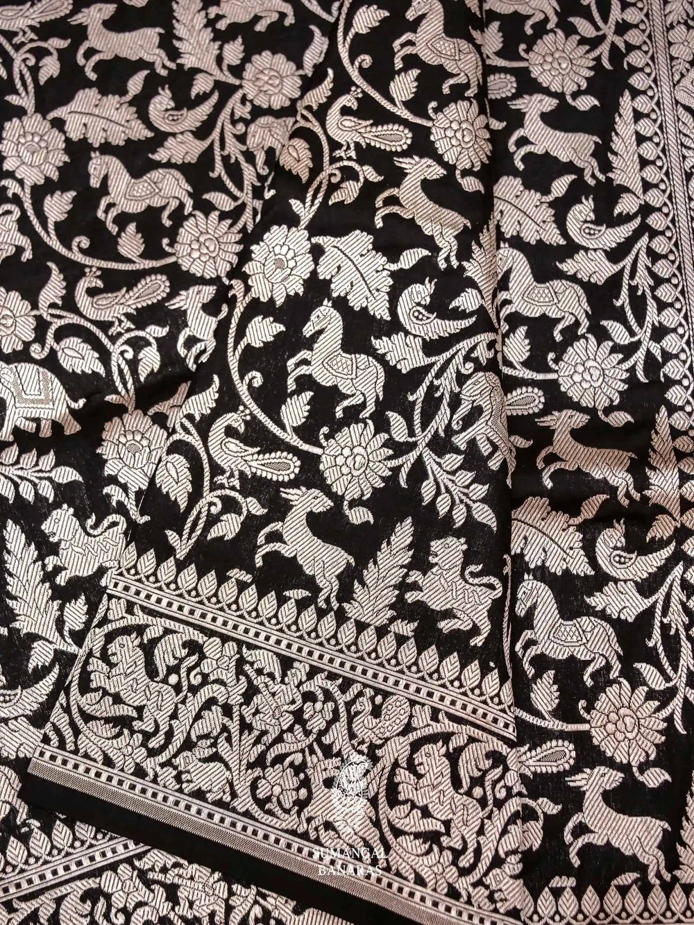 Handwoven Black Banarasi Shikargaah Katan Silk Saree