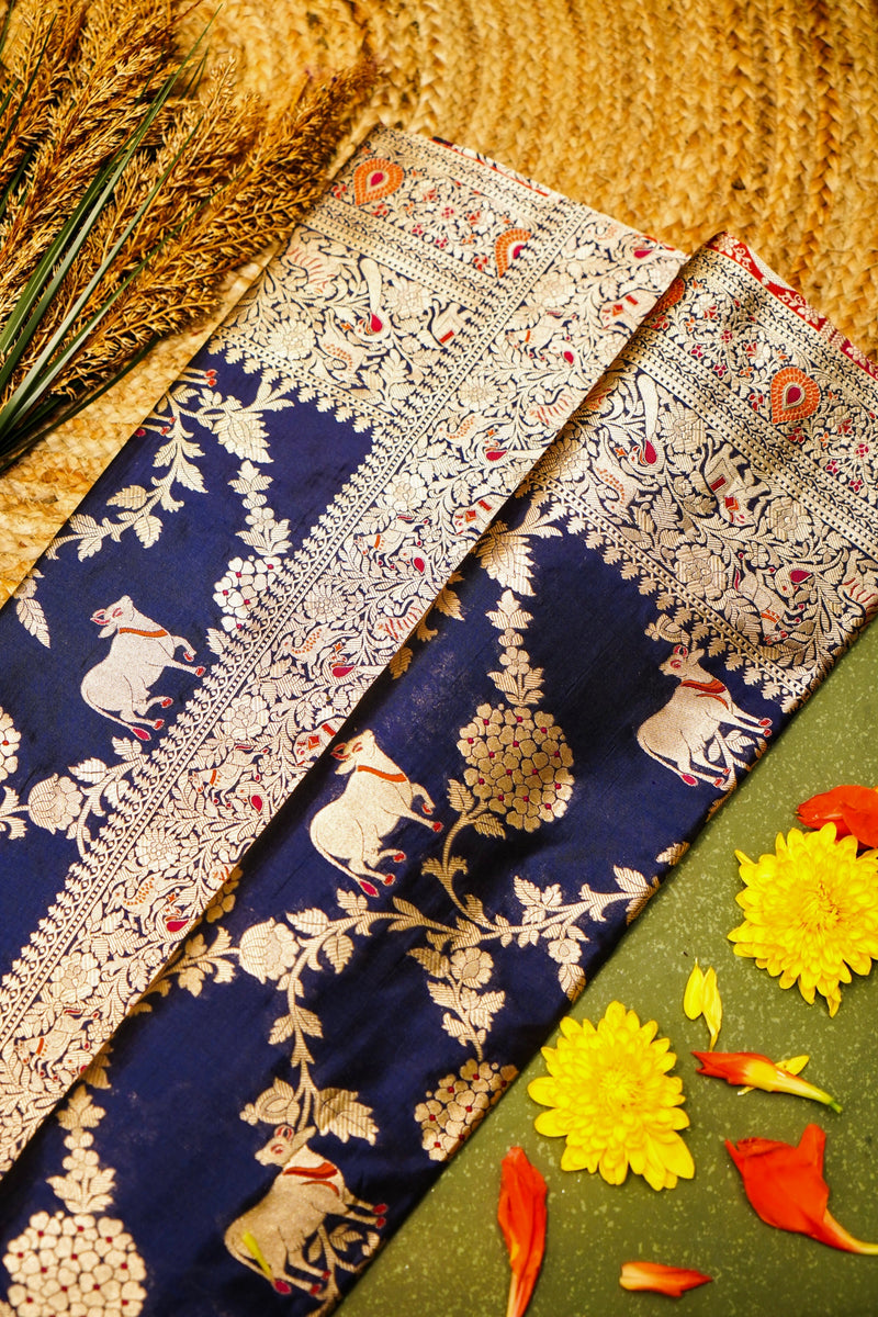 Handwoven Navy Blue Banarasi Katan Silk Saree