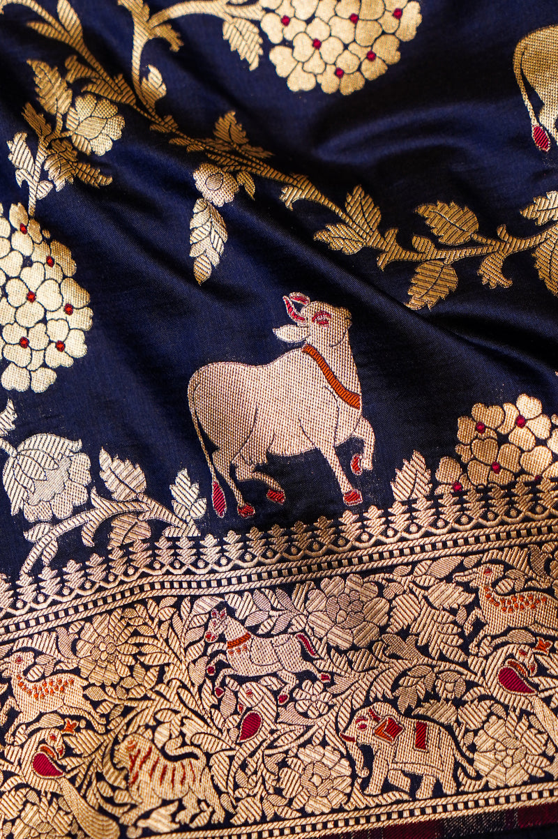 Handwoven Navy Blue Banarasi Katan Silk Saree