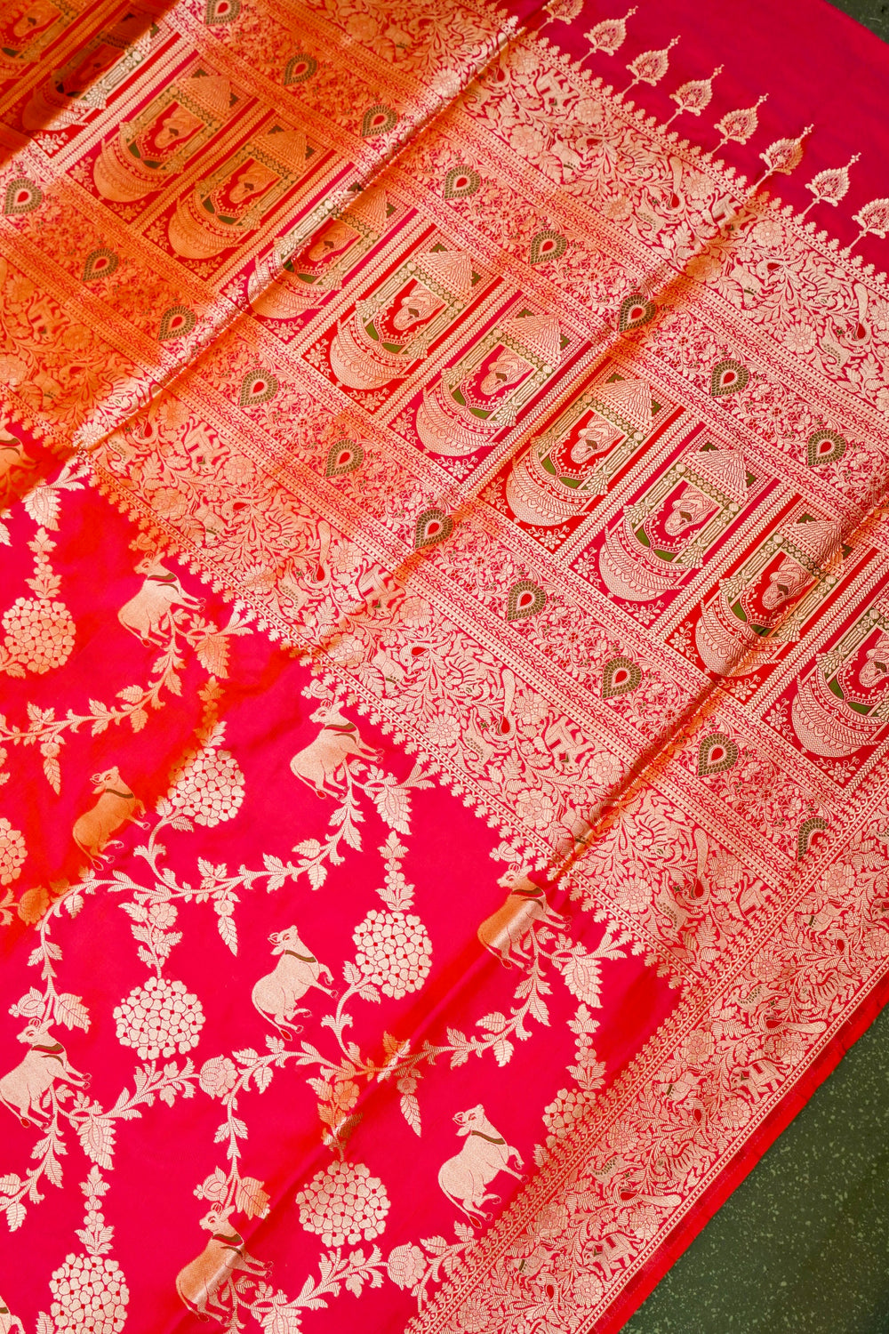 Handwoven Reddish Pink Banarasi Katan Soft Silk Saree