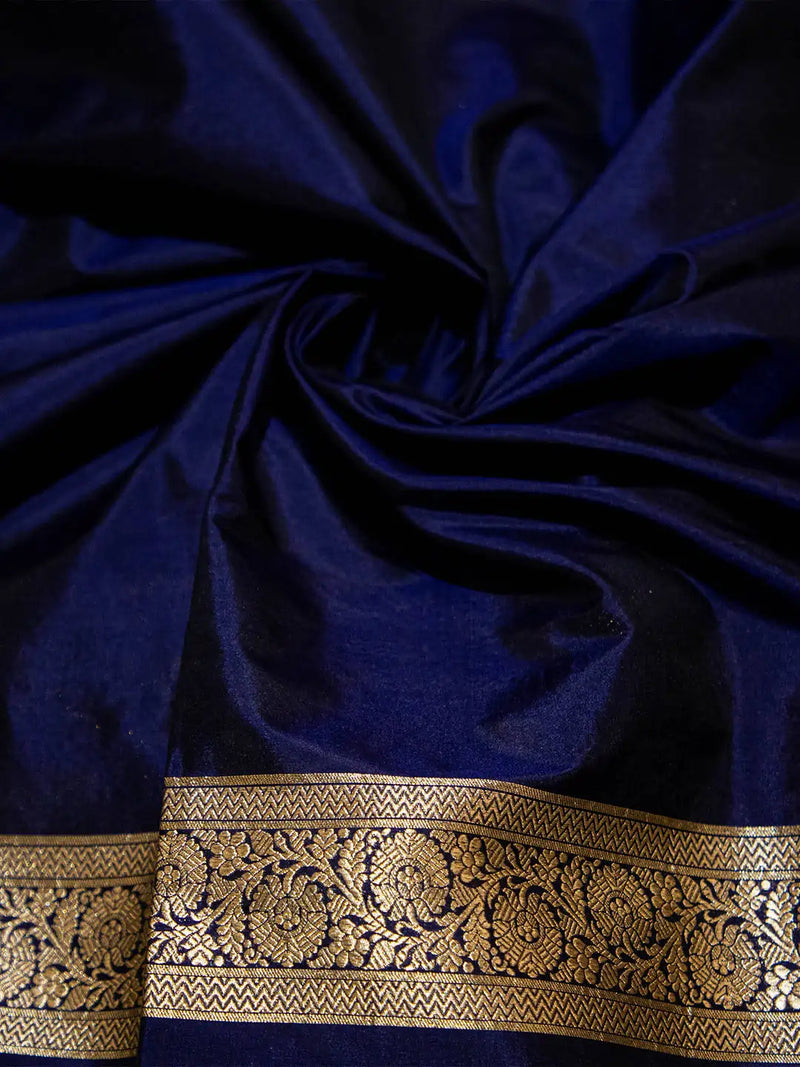 Handwoven Navy Blue Banarasi Tanchoi Katan Silk Saree