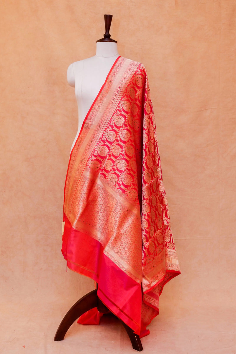 Handwoven Red Banarasi Meenakari Katan Silk Dupatta