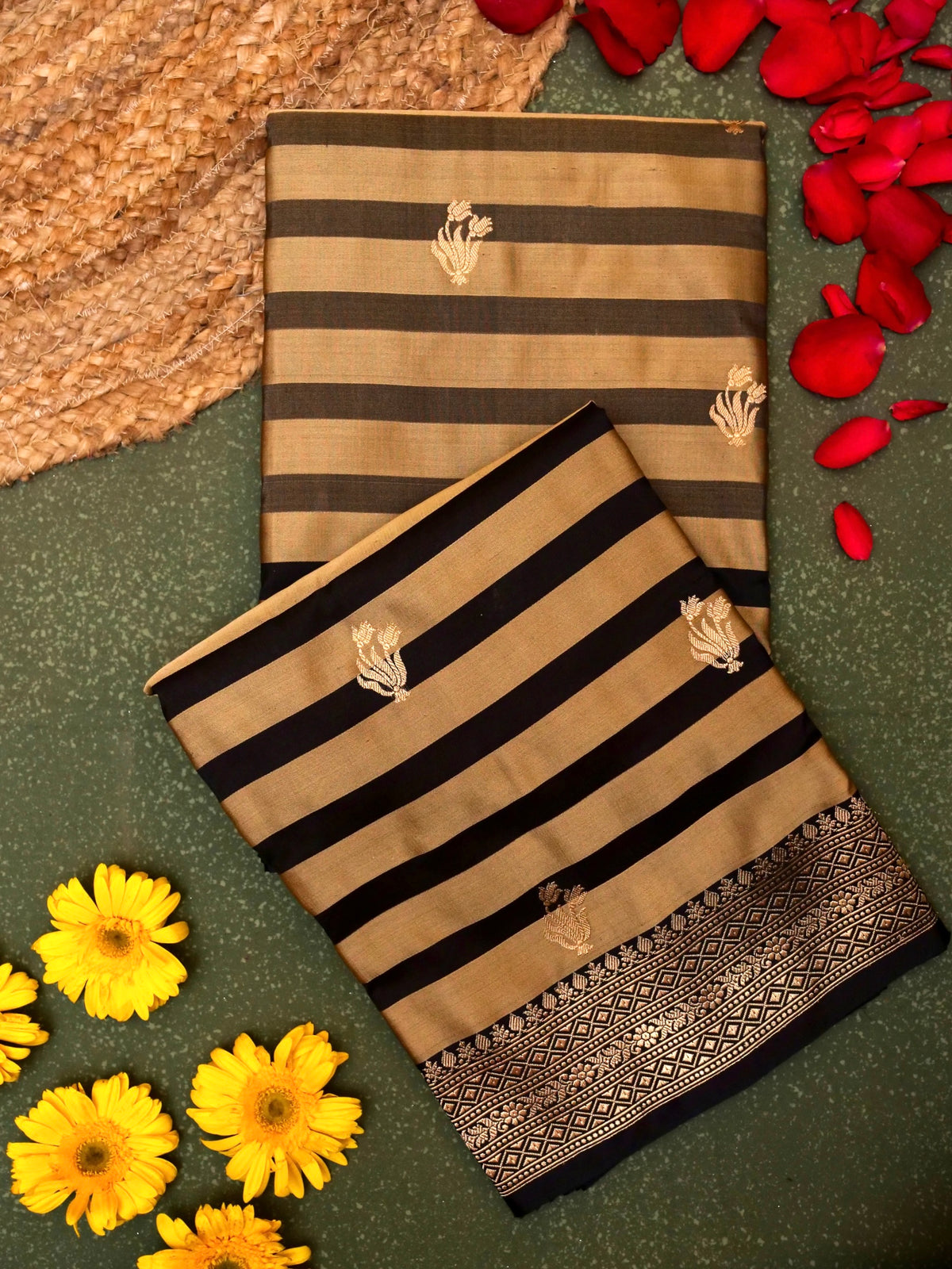 Handwoven Black Banarasi Mashru Silk Saree