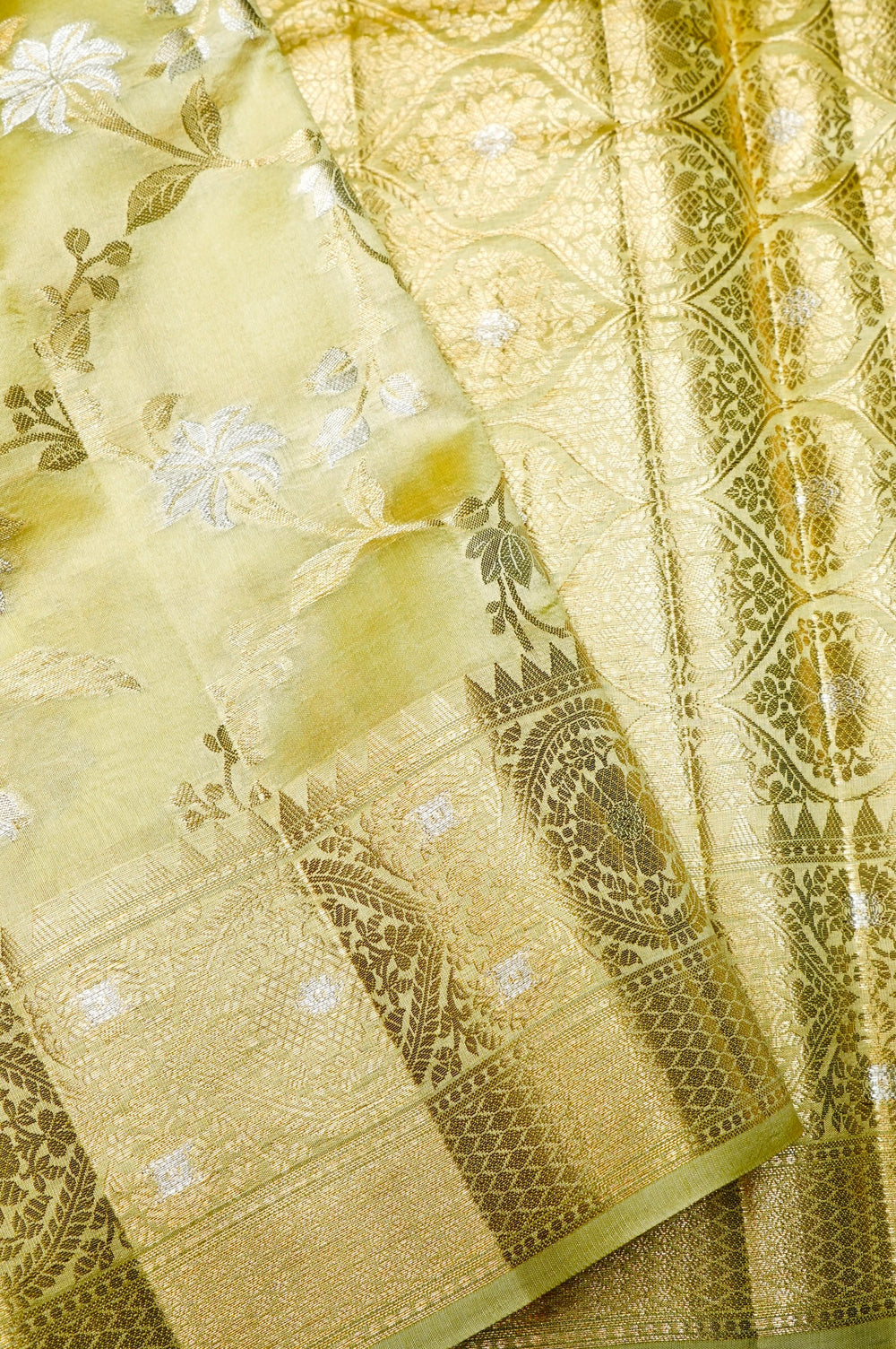 Handwoven Lime Yellow Banarasi Katan Soft Silk Saree