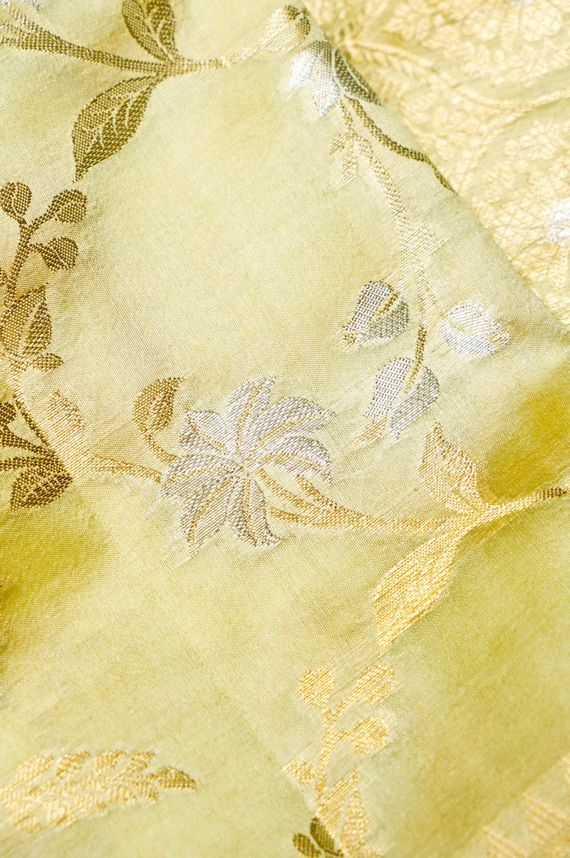 Handwoven Lime Yellow Banarasi Katan Soft Silk Saree