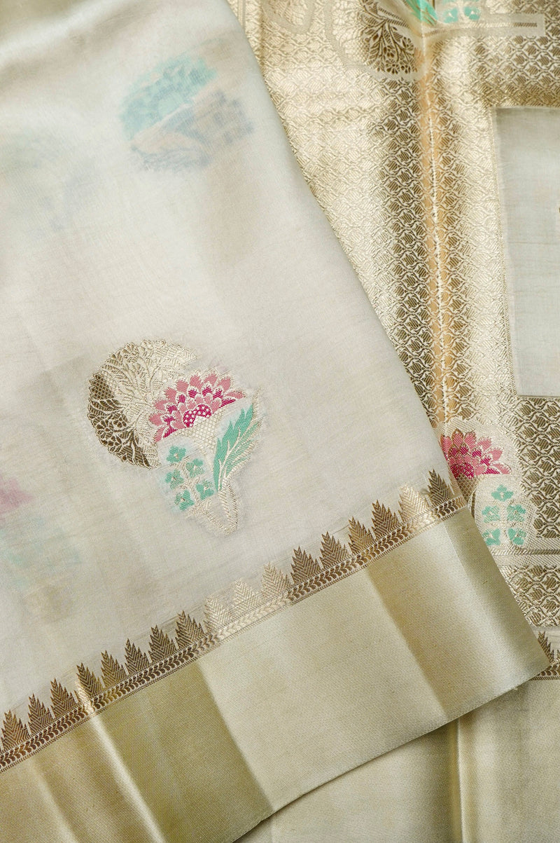Handwoven Off White Banarasi Katan Soft Silk Saree