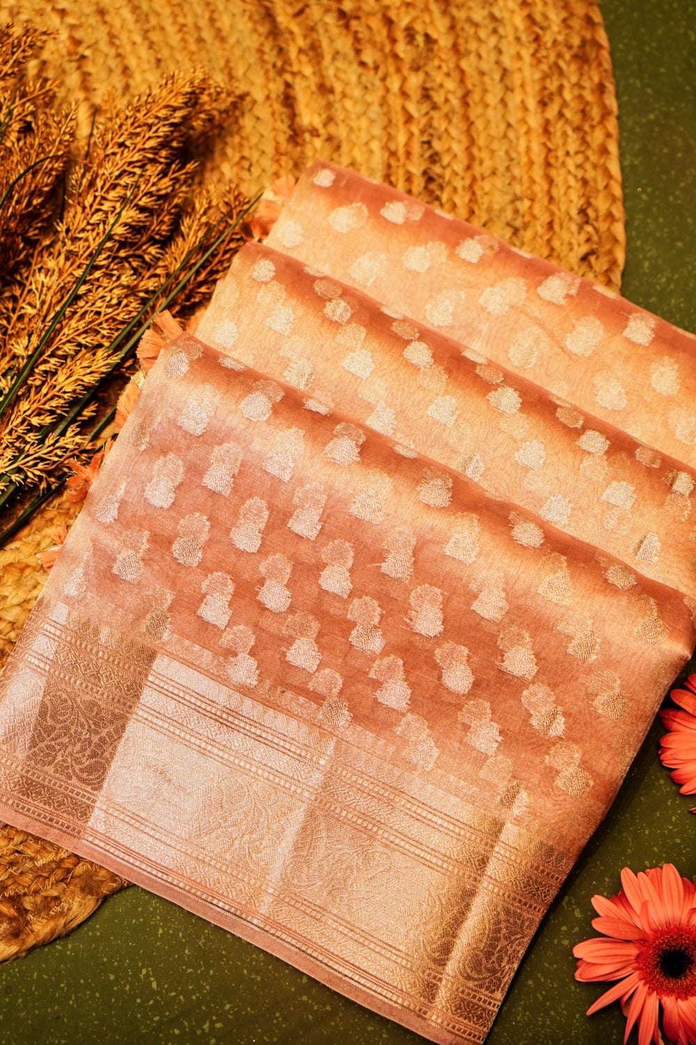 Handwoven Light Peach Banarasi Tissue Silk Saree