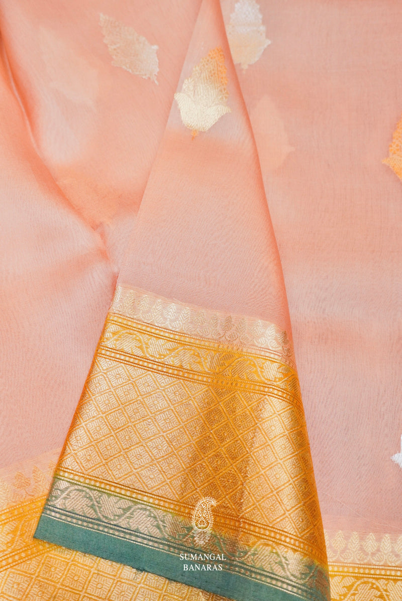Handwoven Peachy Pink Banarasi Organza Silk Saree