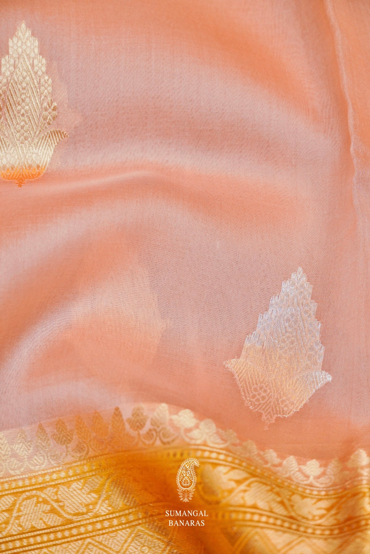 Handwoven Peachy Pink Banarasi Organza Silk Saree