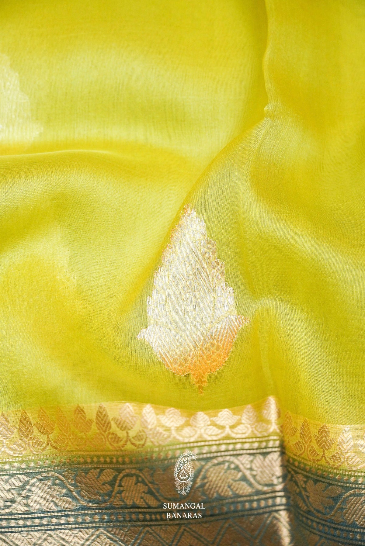 Handwoven Lime Green Banarasi Organza Silk Saree