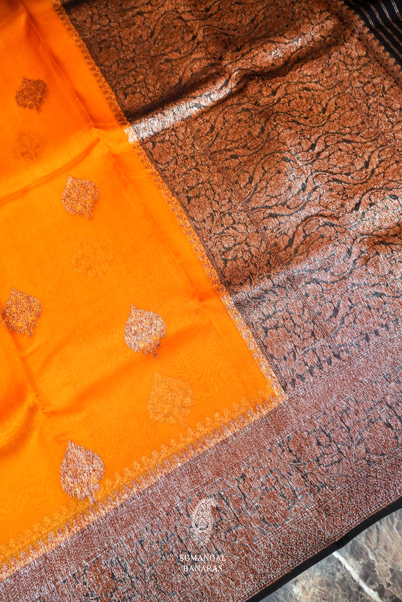 Handwoven Orange Banarasi Organza Silk Saree