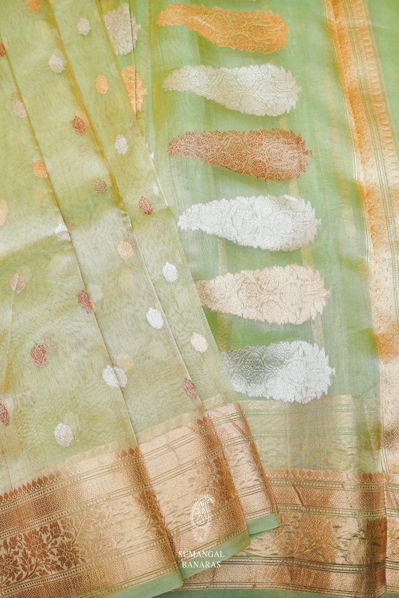 Handwoven Sea Green  Banarasi Tissue Organza Silk Saree