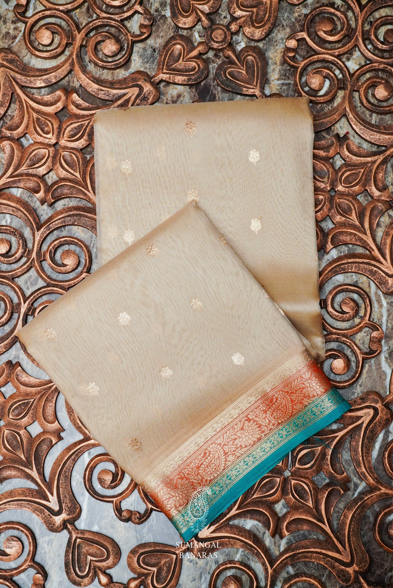 Handwoven Beige Banarasi Organza Silk Saree