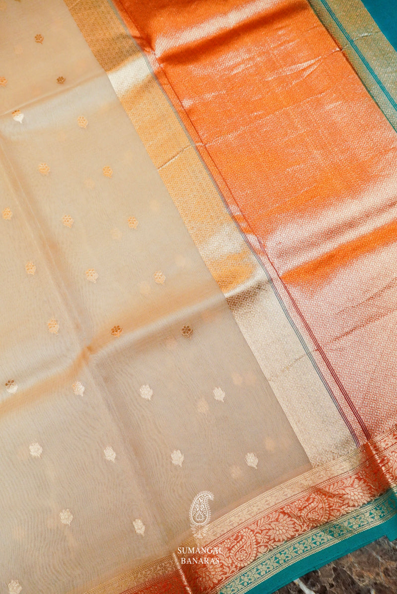 Handwoven Beige Banarasi Organza Silk Saree