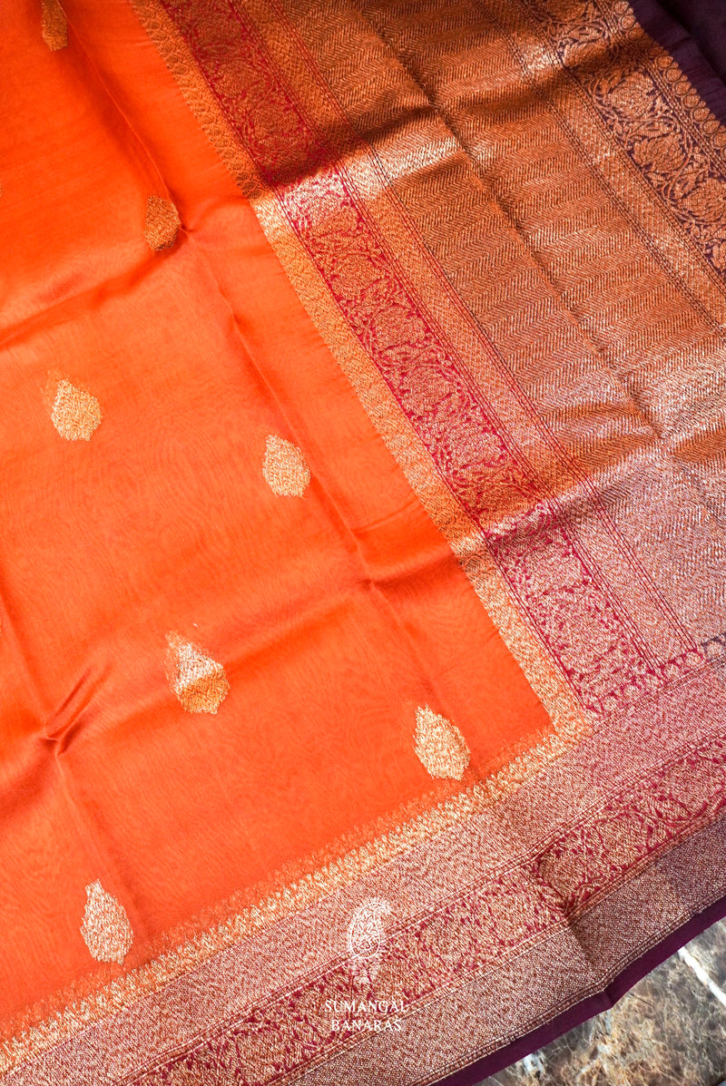 Handwoven Saffron Banarasi Organza Silk Saree
