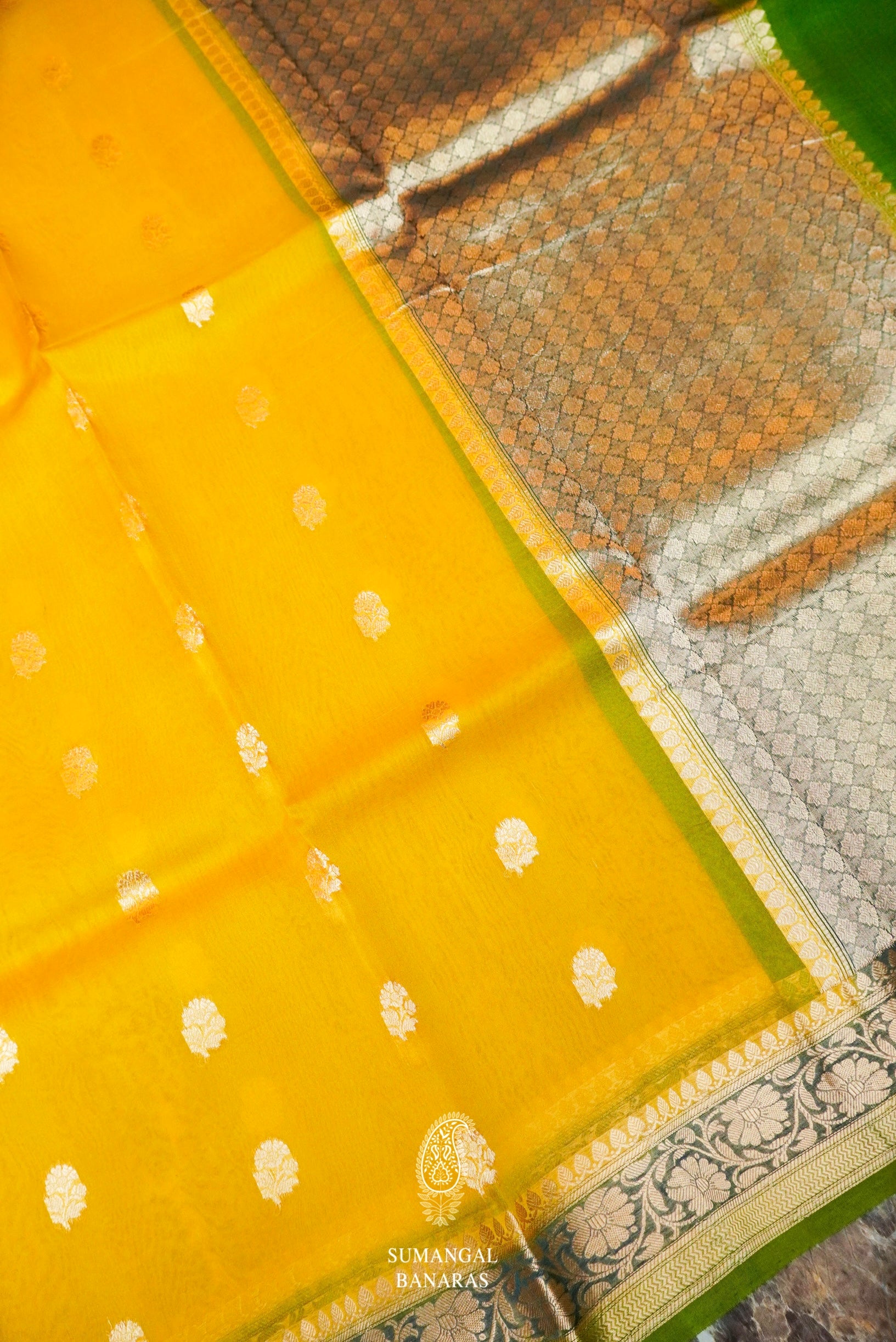 Lemon Yellow with Bluish Violet Fancy Pattu Saree