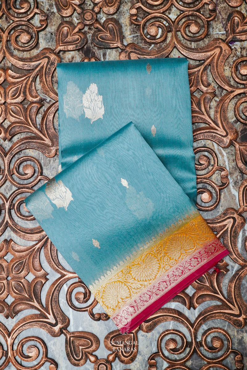 Handwoven Ocean Blue Banarasi Organza Silk Saree