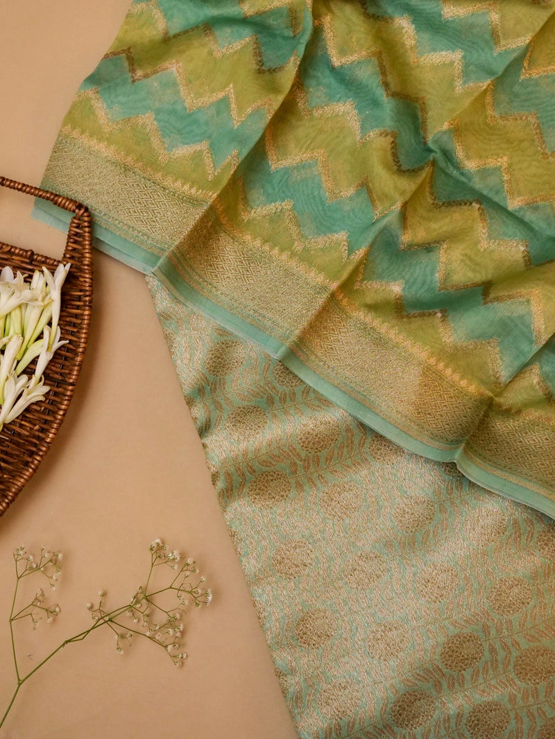 Handwoven Aqua Green Banarasi Moonga Silk Suit