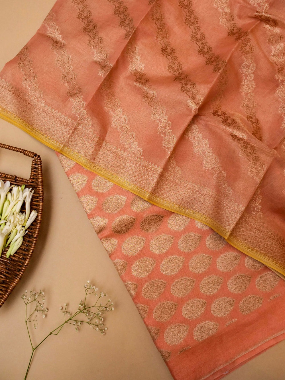 Handwoven Peach Banarasi Moonga Silk Suit