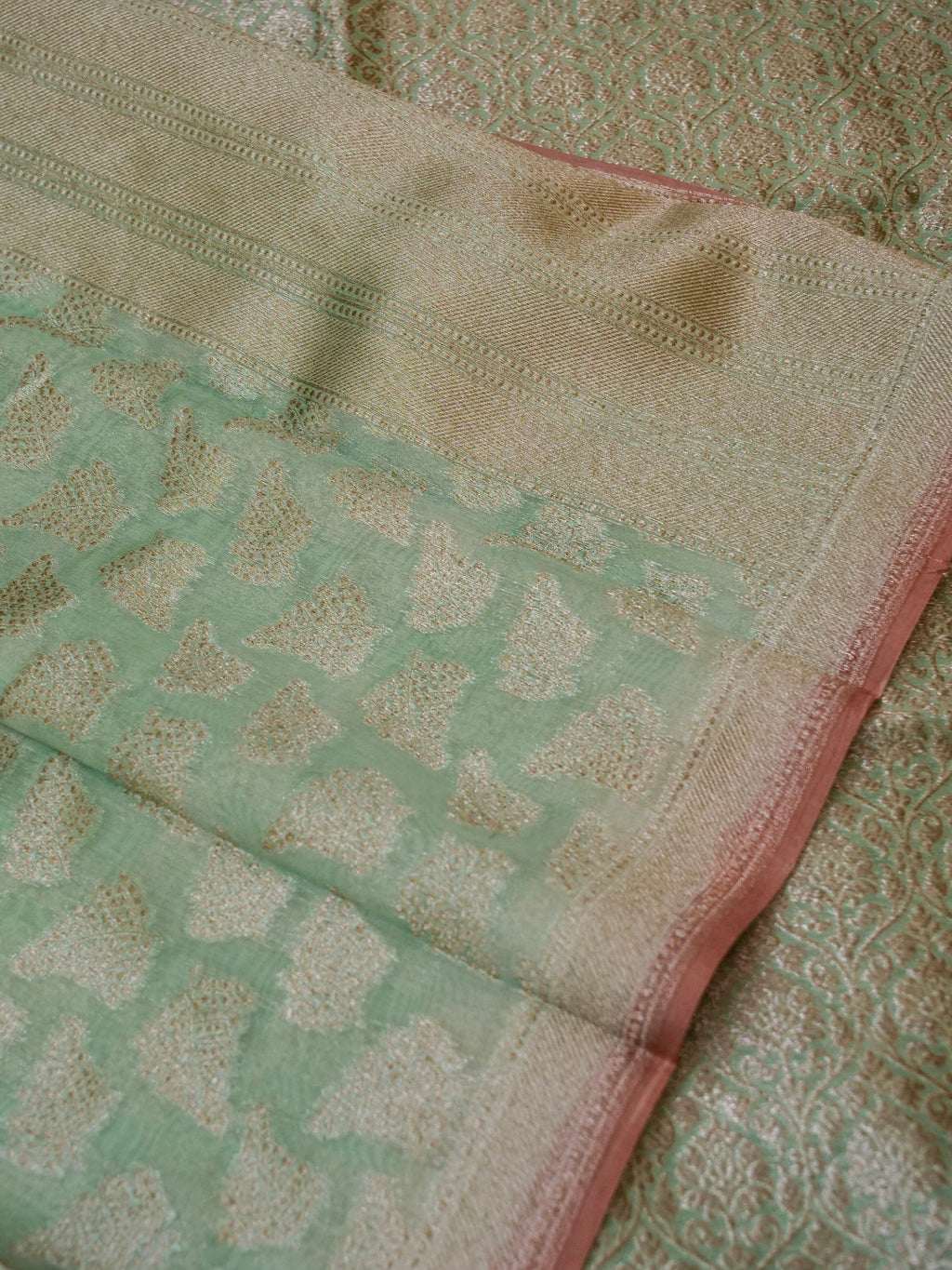 Handwoven Pastel Green Banarasi Moonga Silk Suit