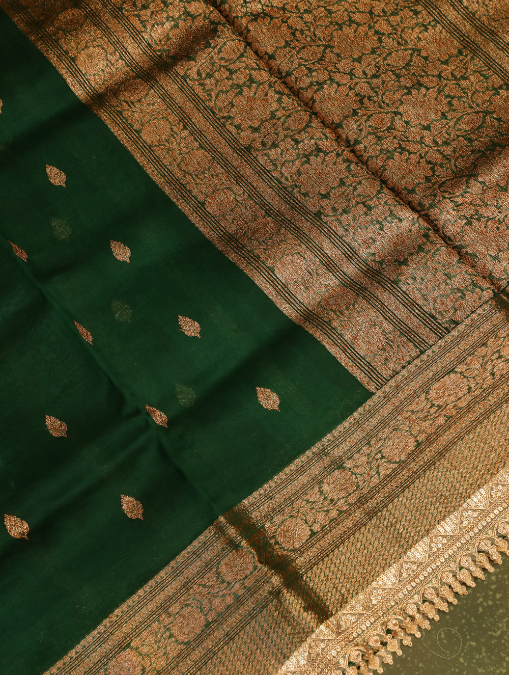 Handwoven Bottle Green Banarasi Organza Silk Saree