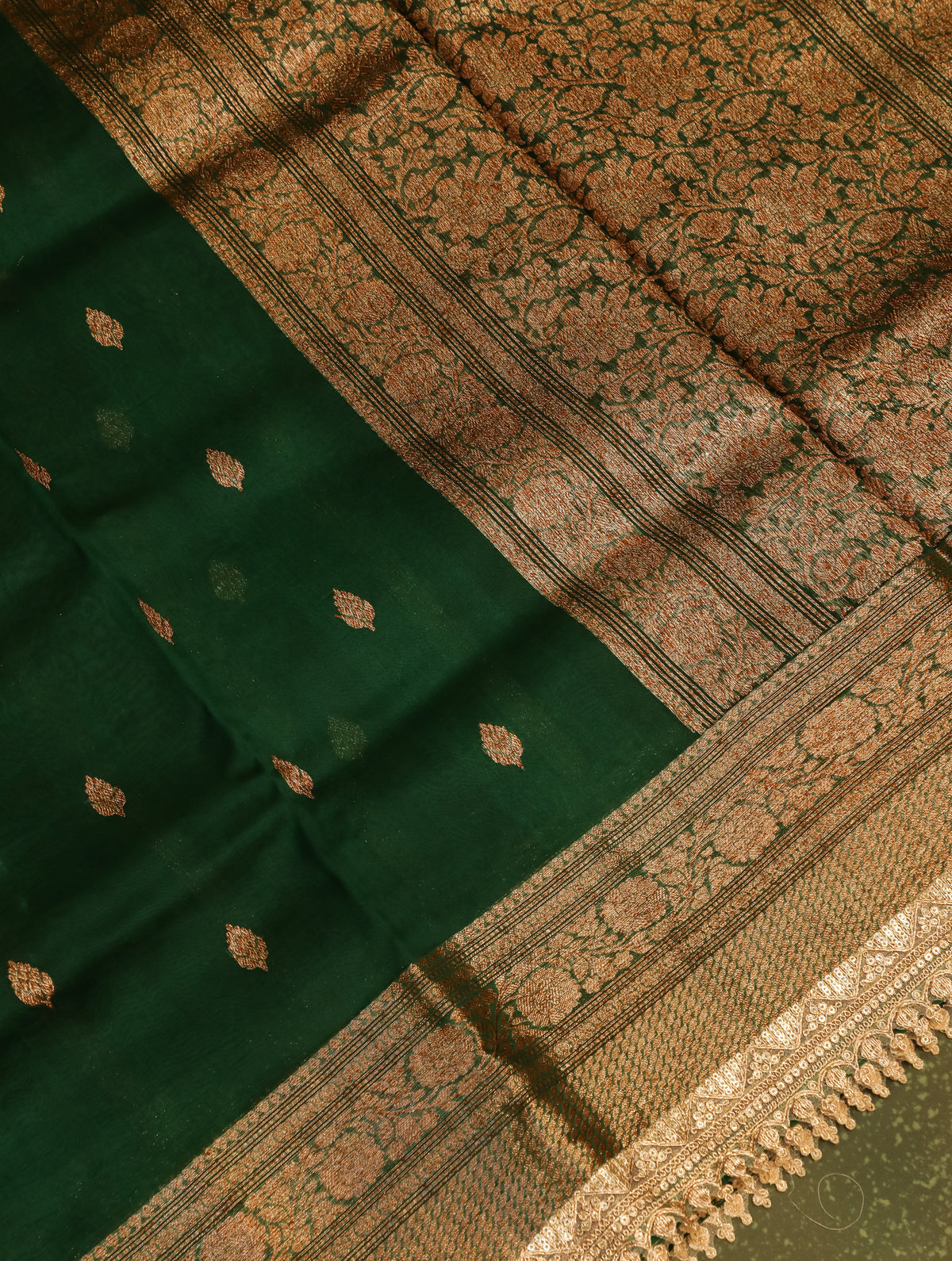 Handwoven Bottle Green Banarasi Organza Silk Saree