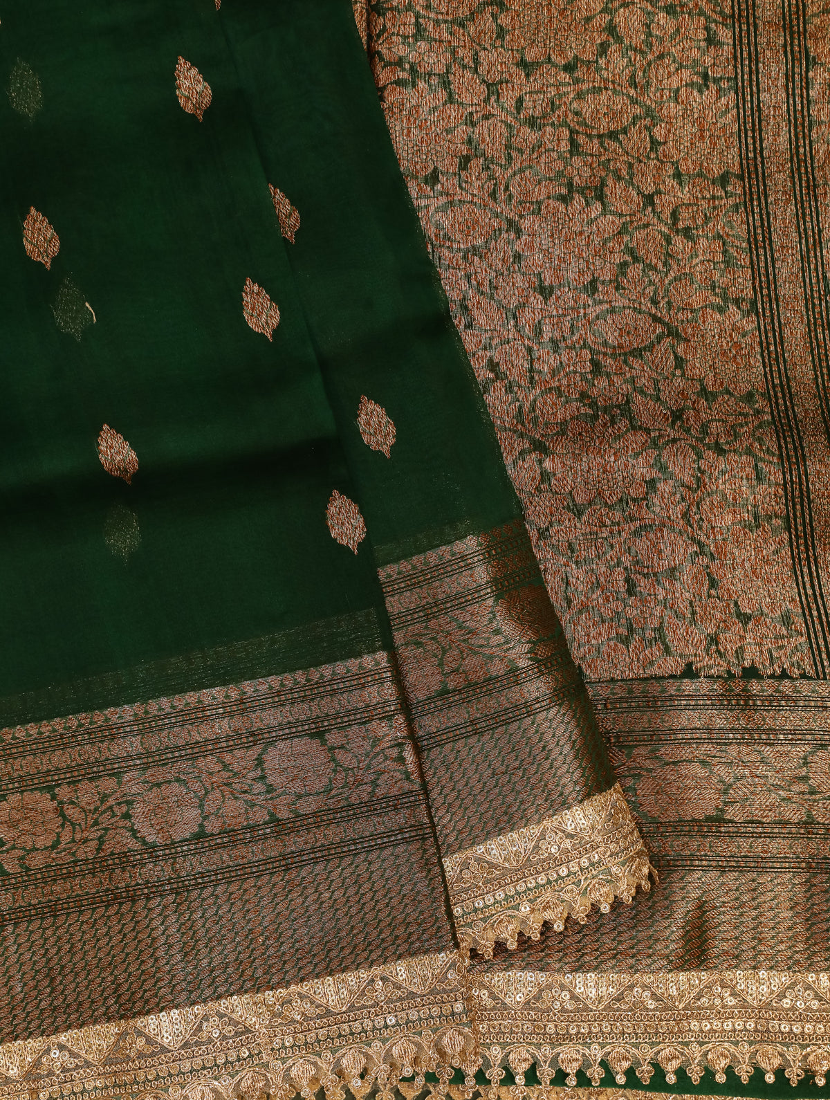 Handwoven Bottle Green Banarasi Organza Silk Saree