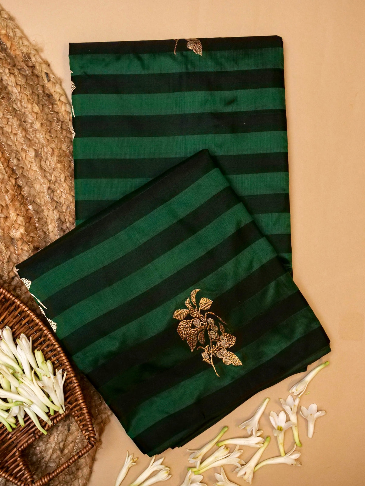 Handwoven Black & Green Banarasi Katan Silk Saree