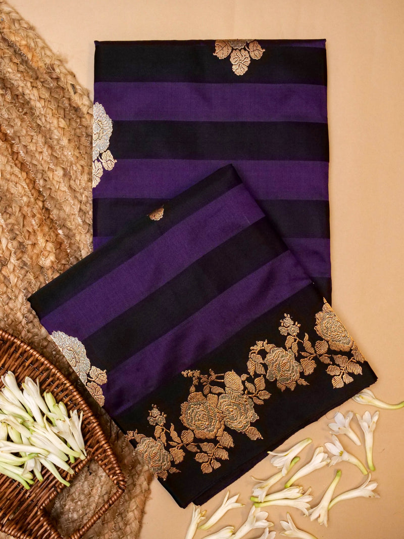 Handwoven Black & Purple Banarasi Katan Silk Saree