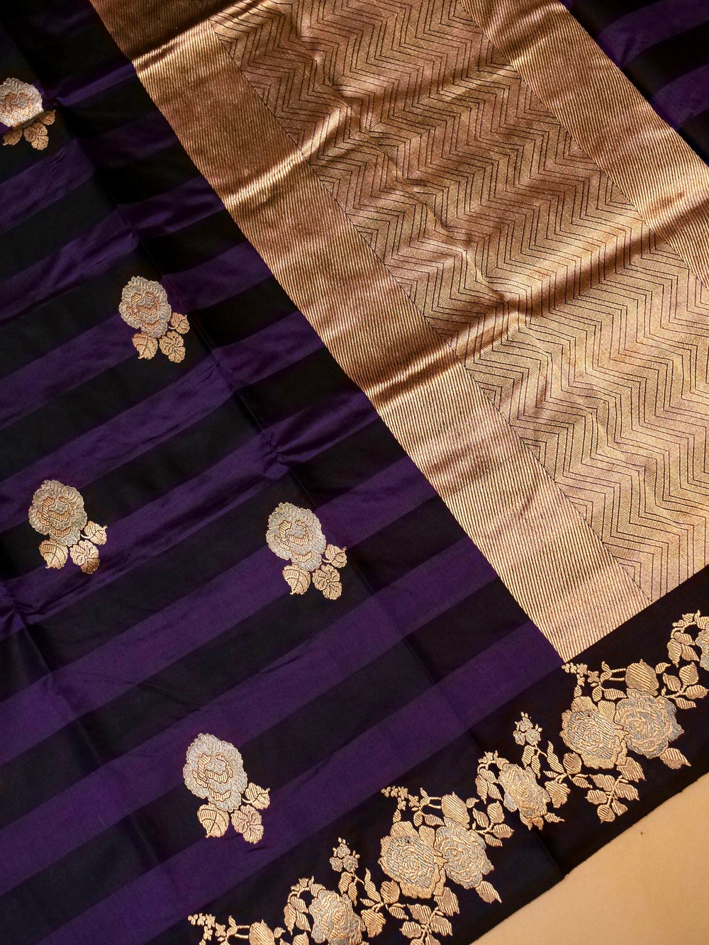 Handwoven Black & Purple Banarasi Katan Silk Saree