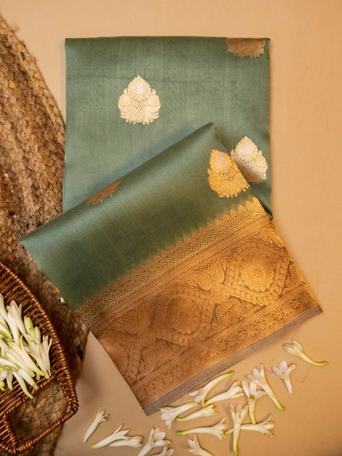 Handwoven Olive Green Banarasi Organza Silk Saree