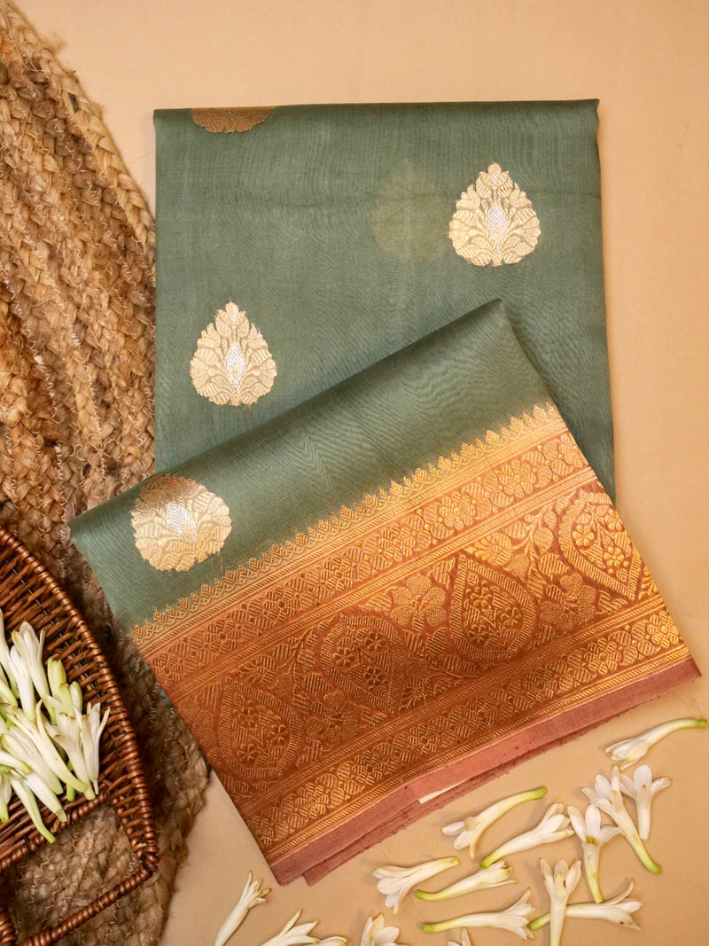 Handwoven Sage Green Banarasi Organza Silk Saree