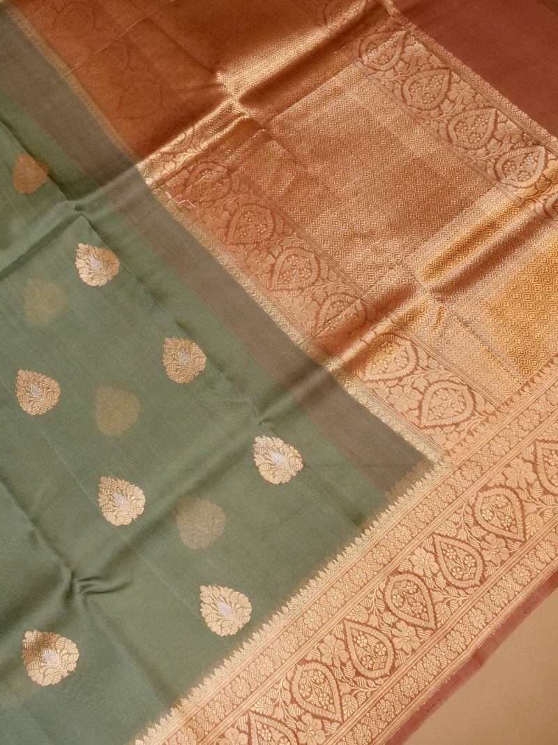 Handwoven Sage Green Banarasi Organza Silk Saree