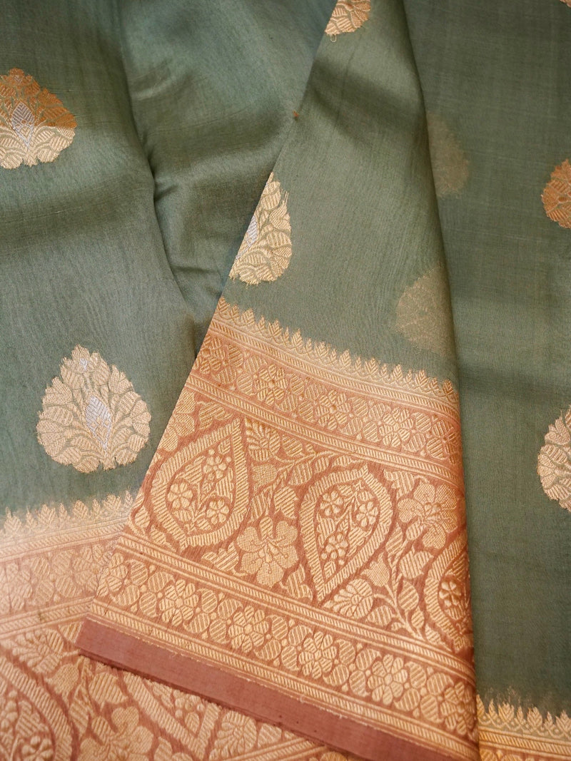 Handwoven Sage Green Banarasi Organza Silk Saree