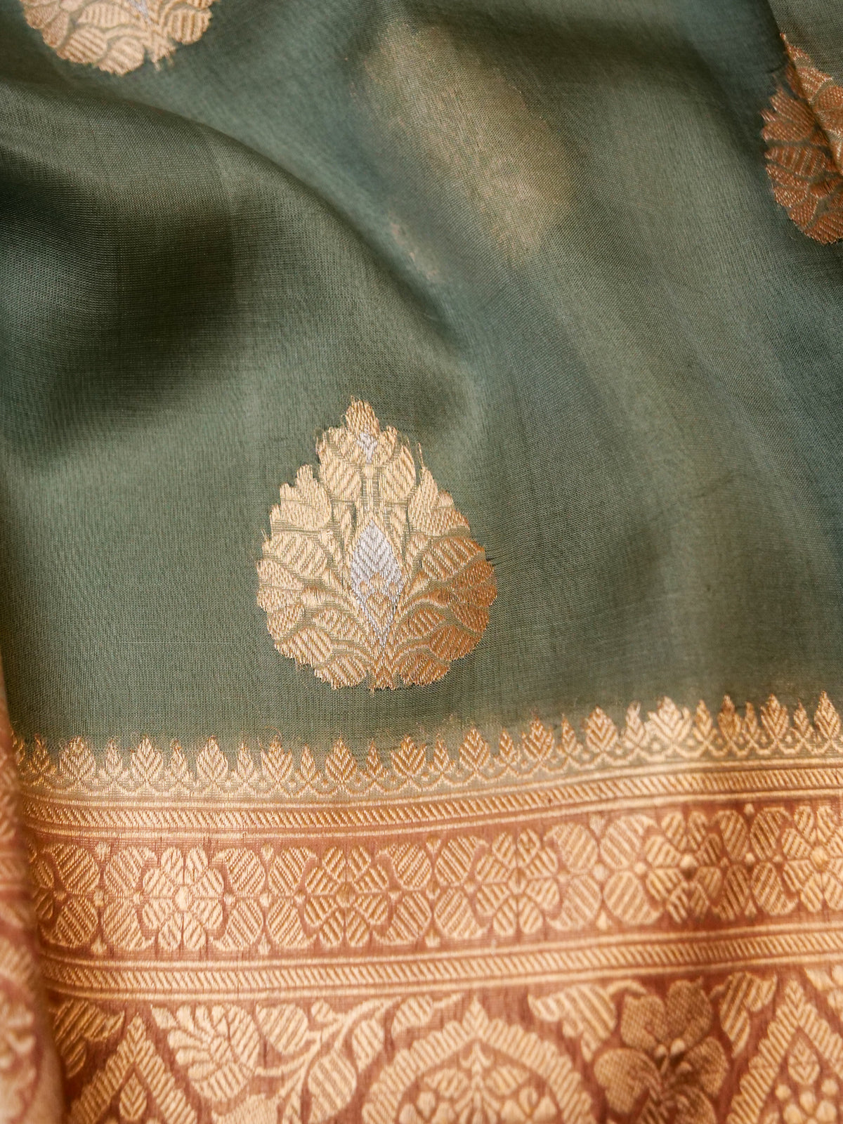 Handwoven Sage Green Banarasi Organza Silk Saree