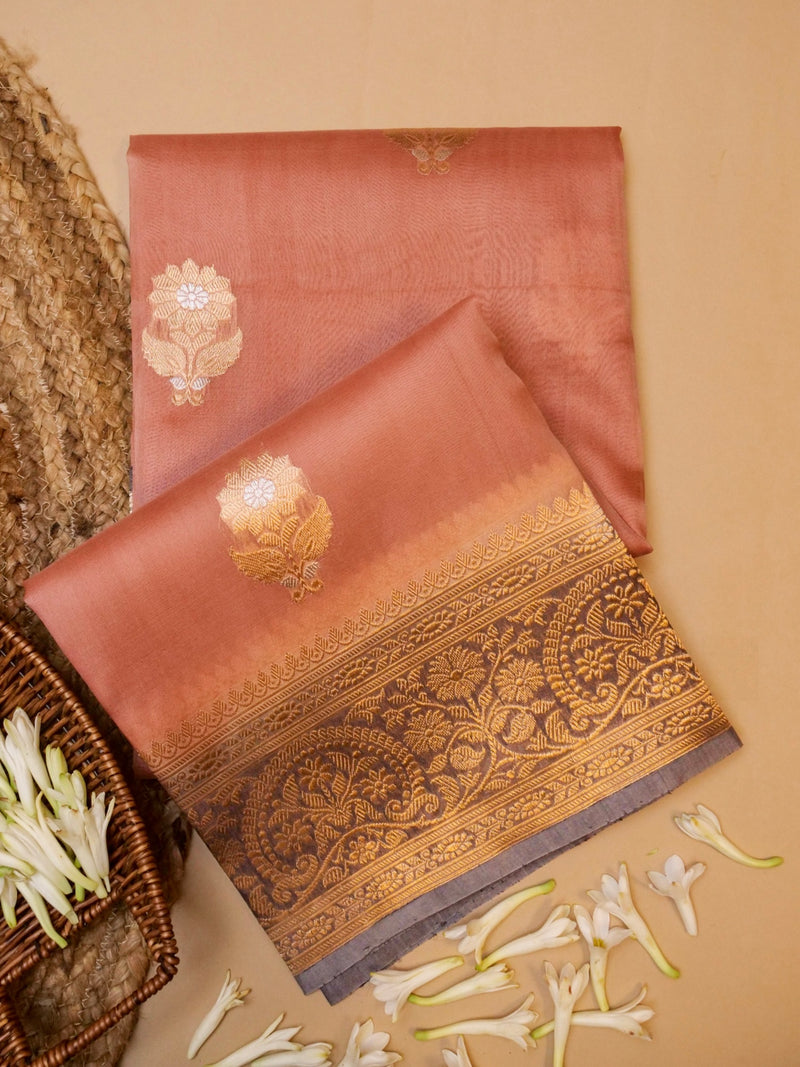 Handwoven Peach Banarasi Organza Silk Saree