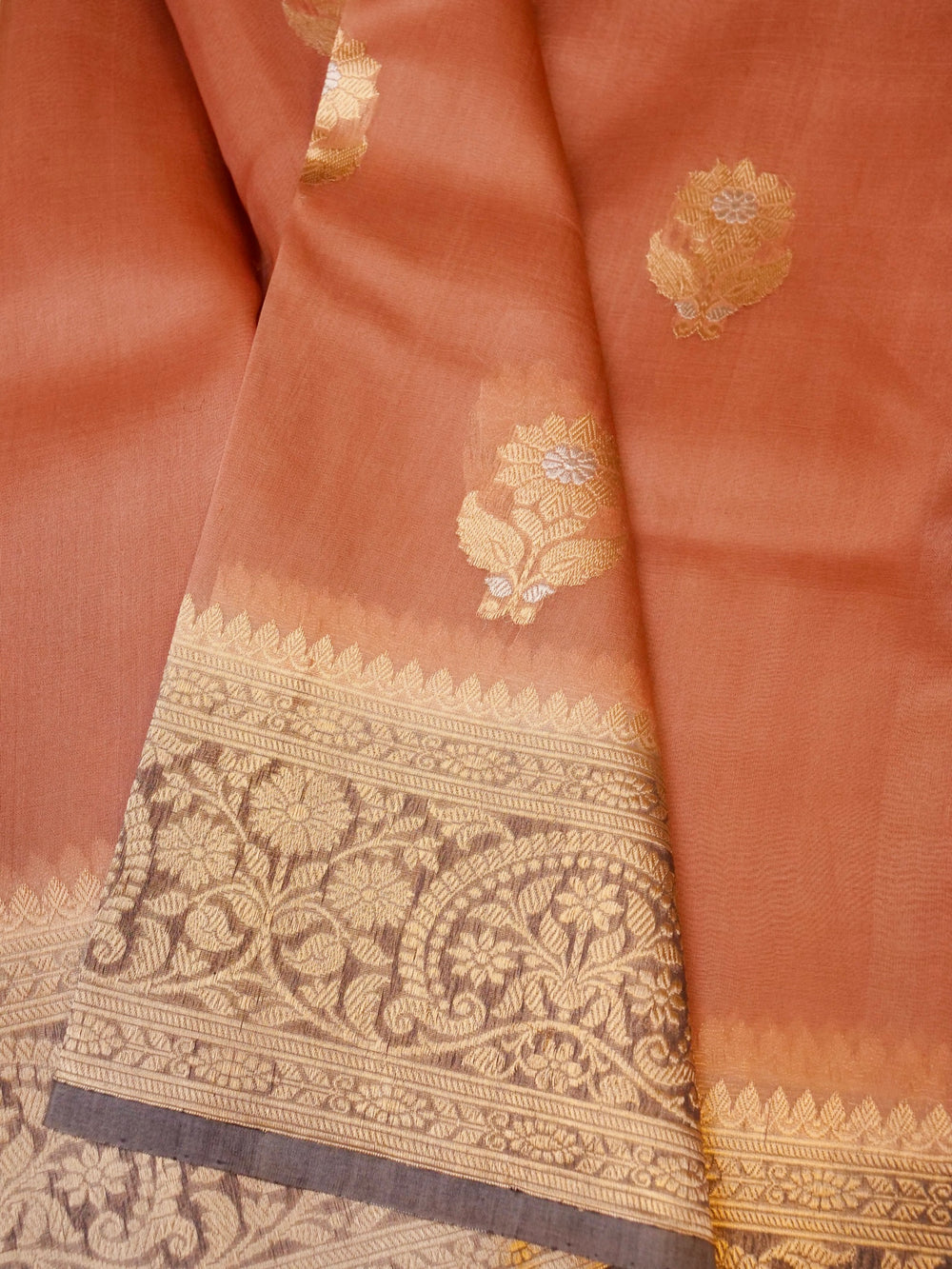 Handwoven Peach Banarasi Organza Silk Saree